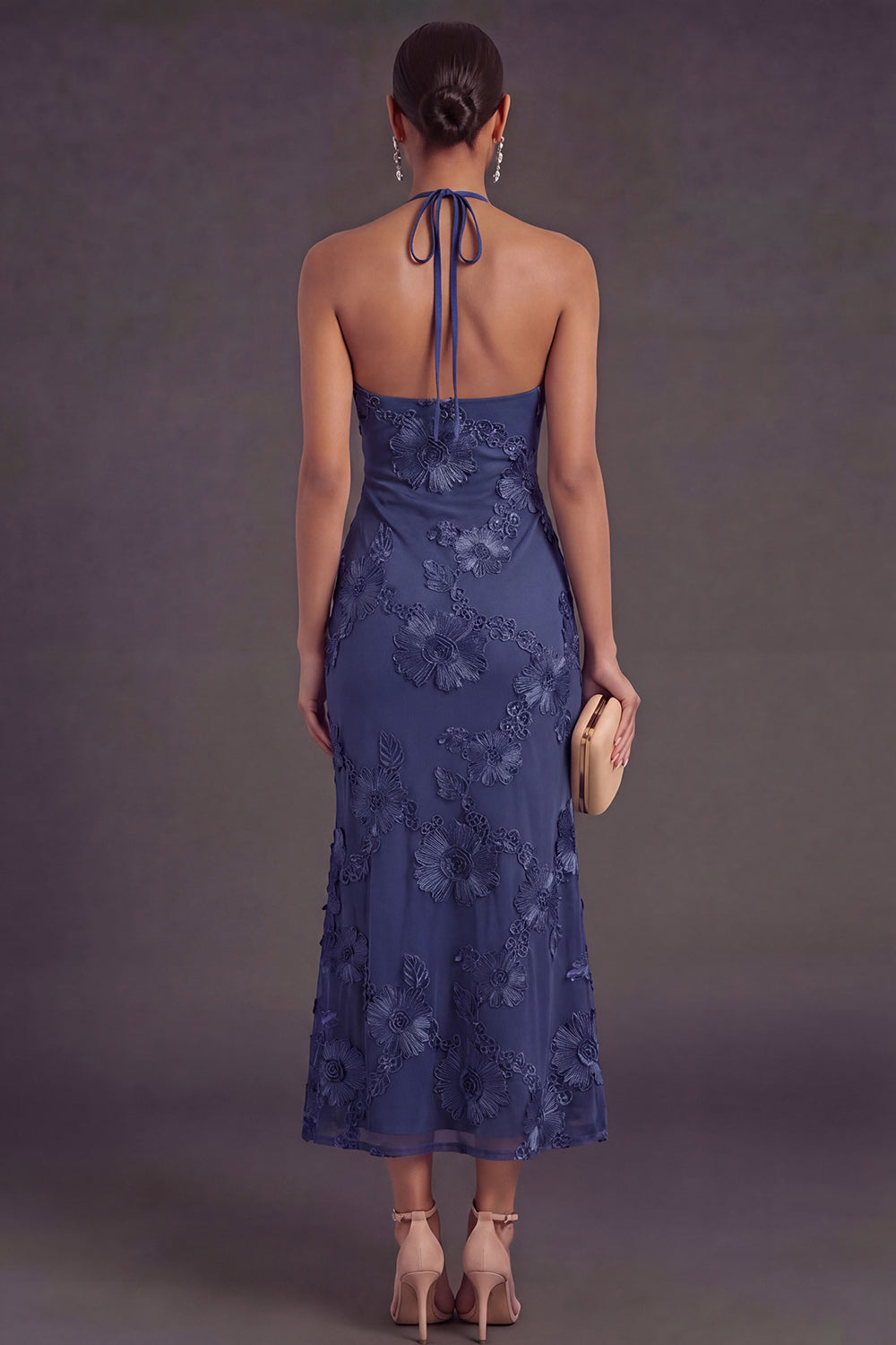 Appliqued Blue Floral Mermaid Midi Wedding Guest Dress