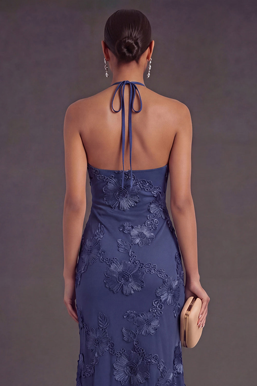 Appliqued Blue Floral Mermaid Midi Wedding Guest Dress