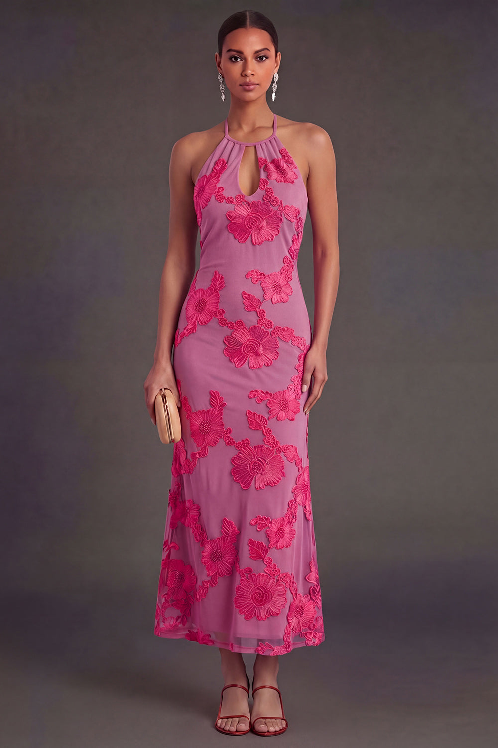 Appliqued Blue Floral Mermaid Midi Wedding Guest Dress