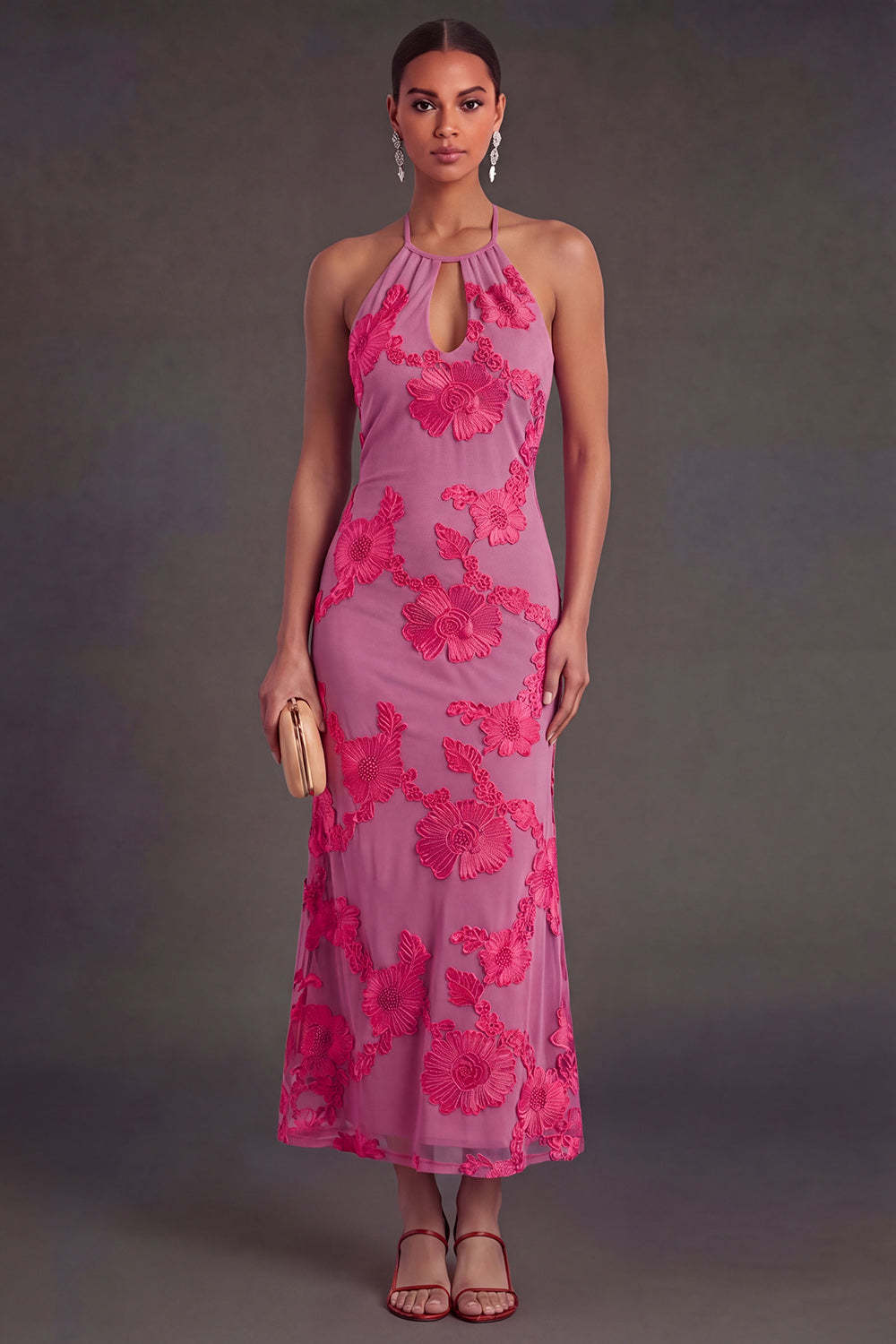 Appliqued Blue Floral Mermaid Midi Wedding Guest Dress