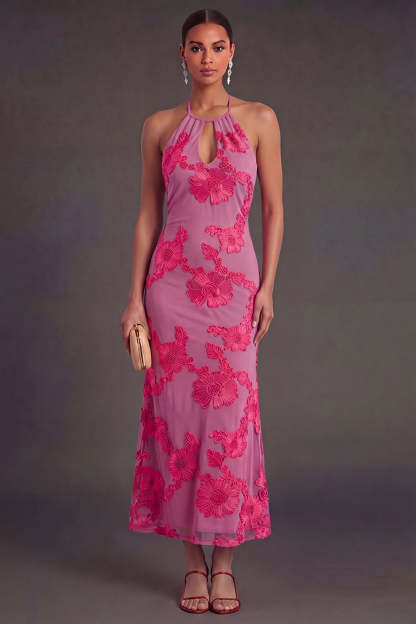 Appliqued Blue Floral Mermaid Midi Wedding Guest Dress