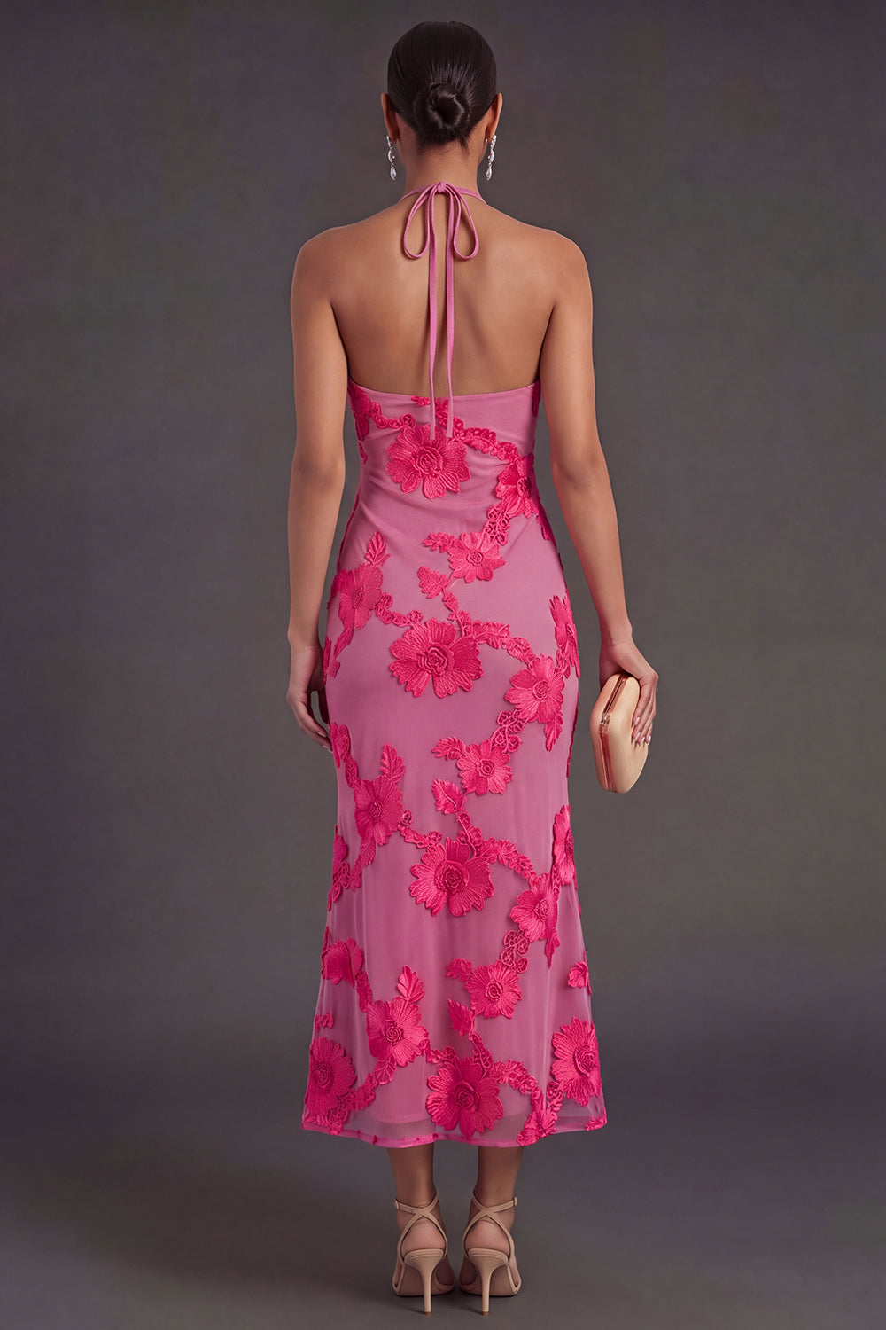 Appliqued Blue Floral Mermaid Midi Wedding Guest Dress