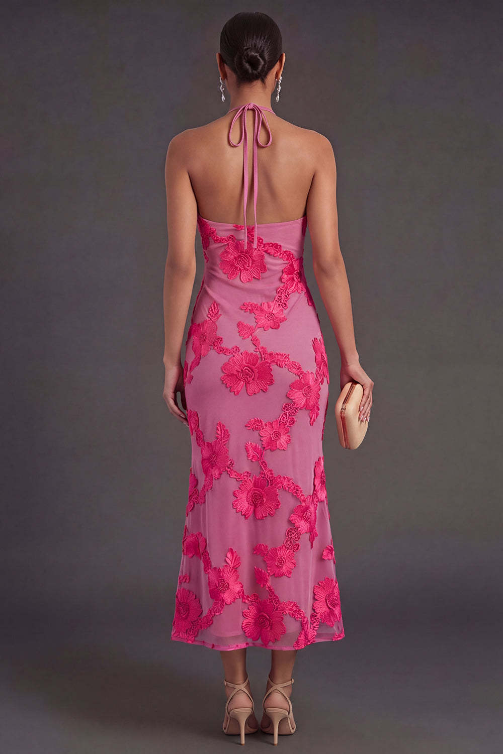 Appliqued Blue Floral Mermaid Midi Wedding Guest Dress