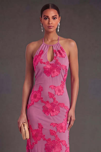 Appliqued Blue Floral Mermaid Midi Wedding Guest Dress