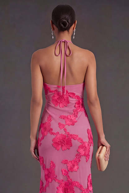 Appliqued Blue Floral Mermaid Midi Wedding Guest Dress