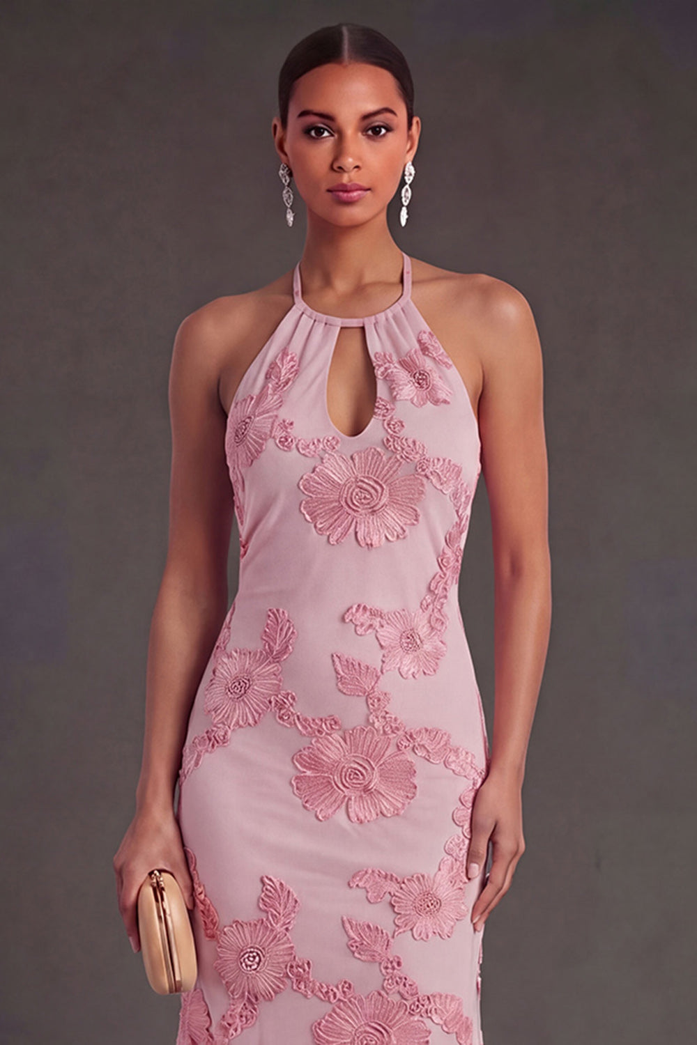 Appliqued Blue Floral Mermaid Midi Wedding Guest Dress