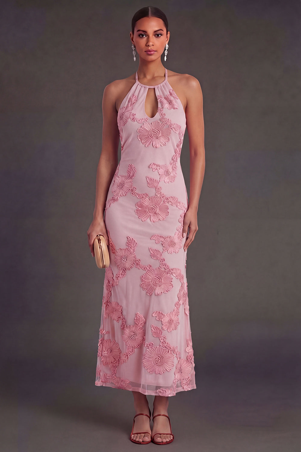 Appliqued Blue Floral Mermaid Midi Wedding Guest Dress