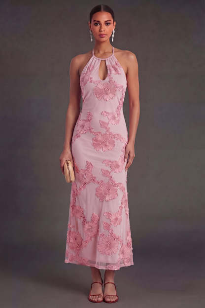 Appliqued Blue Floral Mermaid Midi Wedding Guest Dress