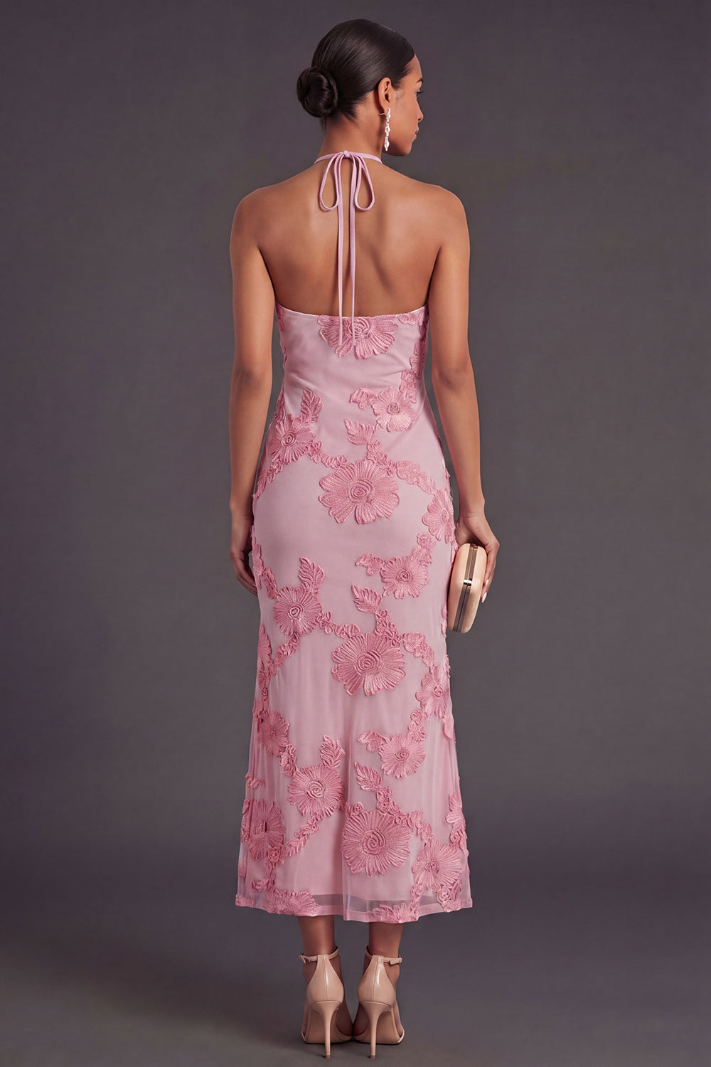 Appliqued Blue Floral Mermaid Midi Wedding Guest Dress