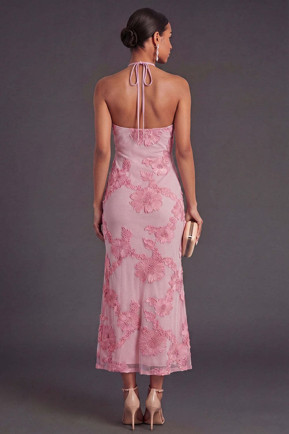 Appliqued Blue Floral Mermaid Midi Wedding Guest Dress