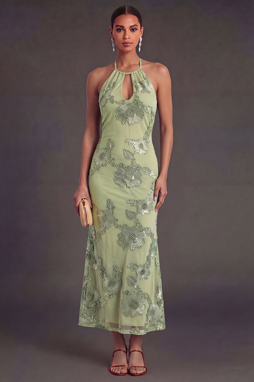 Appliqued Blue Floral Mermaid Midi Wedding Guest Dress