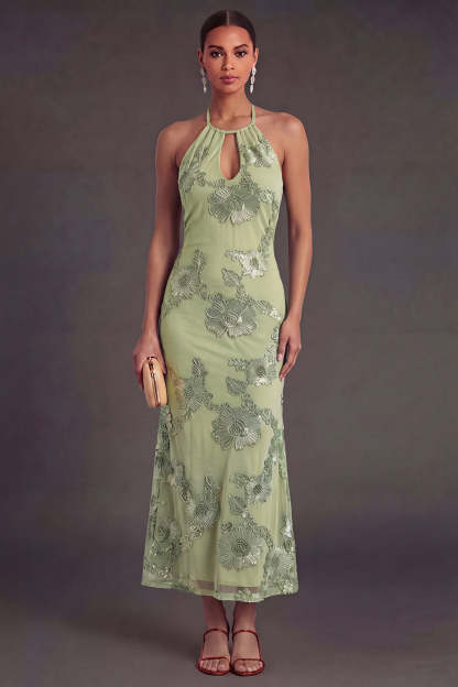 Appliqued Blue Floral Mermaid Midi Wedding Guest Dress