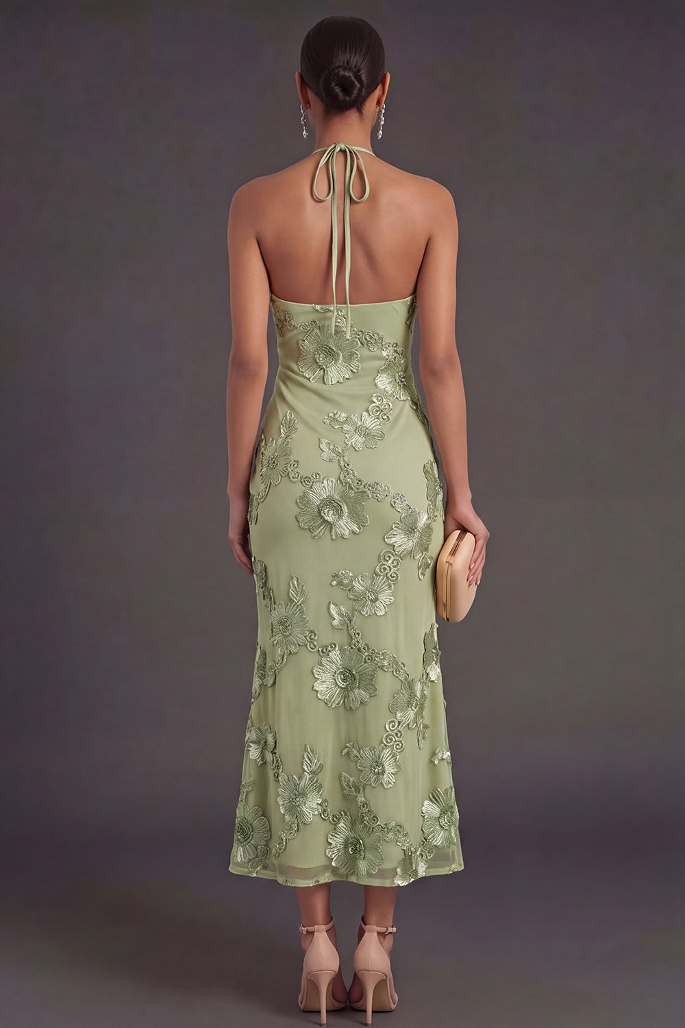 Appliqued Blue Floral Mermaid Midi Wedding Guest Dress