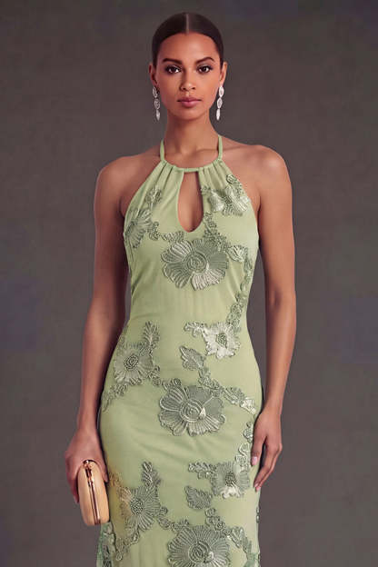 Appliqued Blue Floral Mermaid Midi Wedding Guest Dress