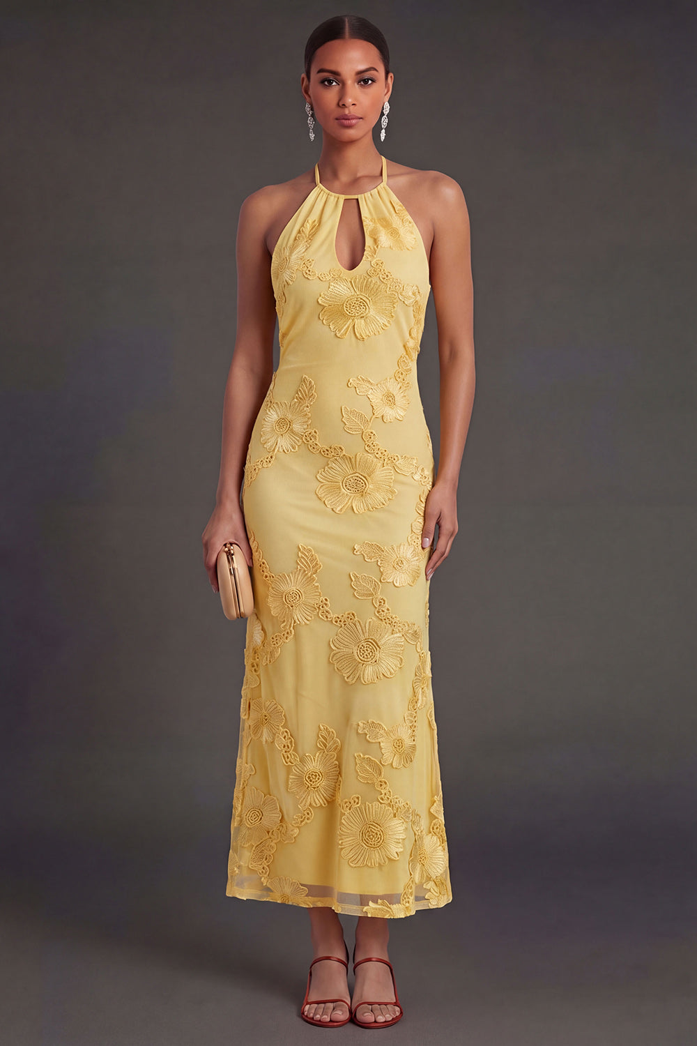 Appliqued Blue Floral Mermaid Midi Wedding Guest Dress