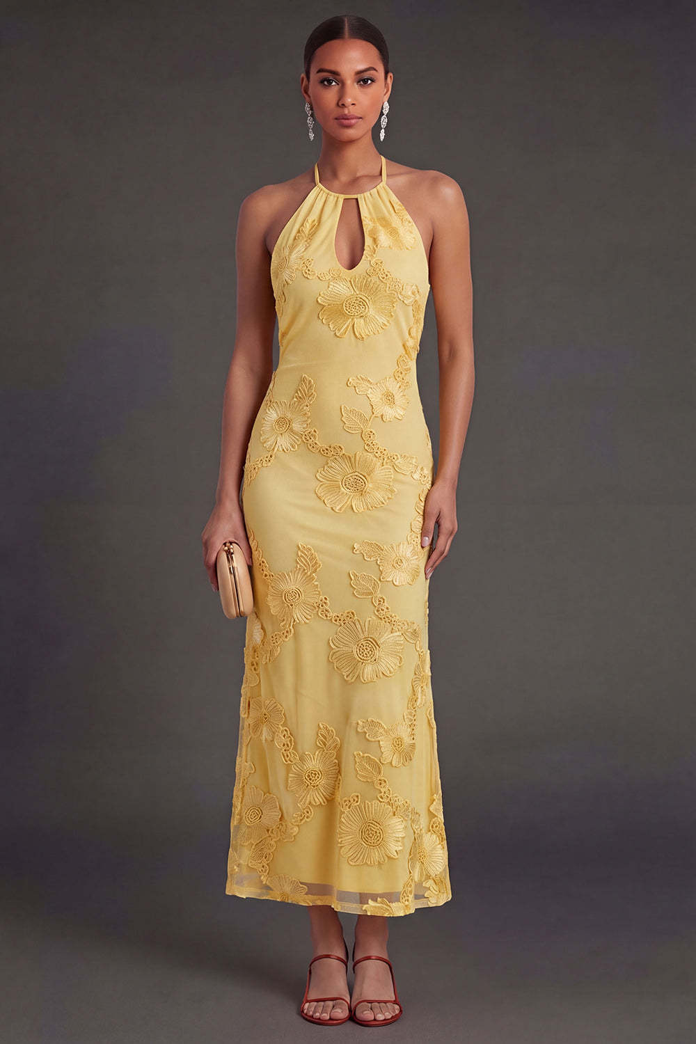 Appliqued Blue Floral Mermaid Midi Wedding Guest Dress