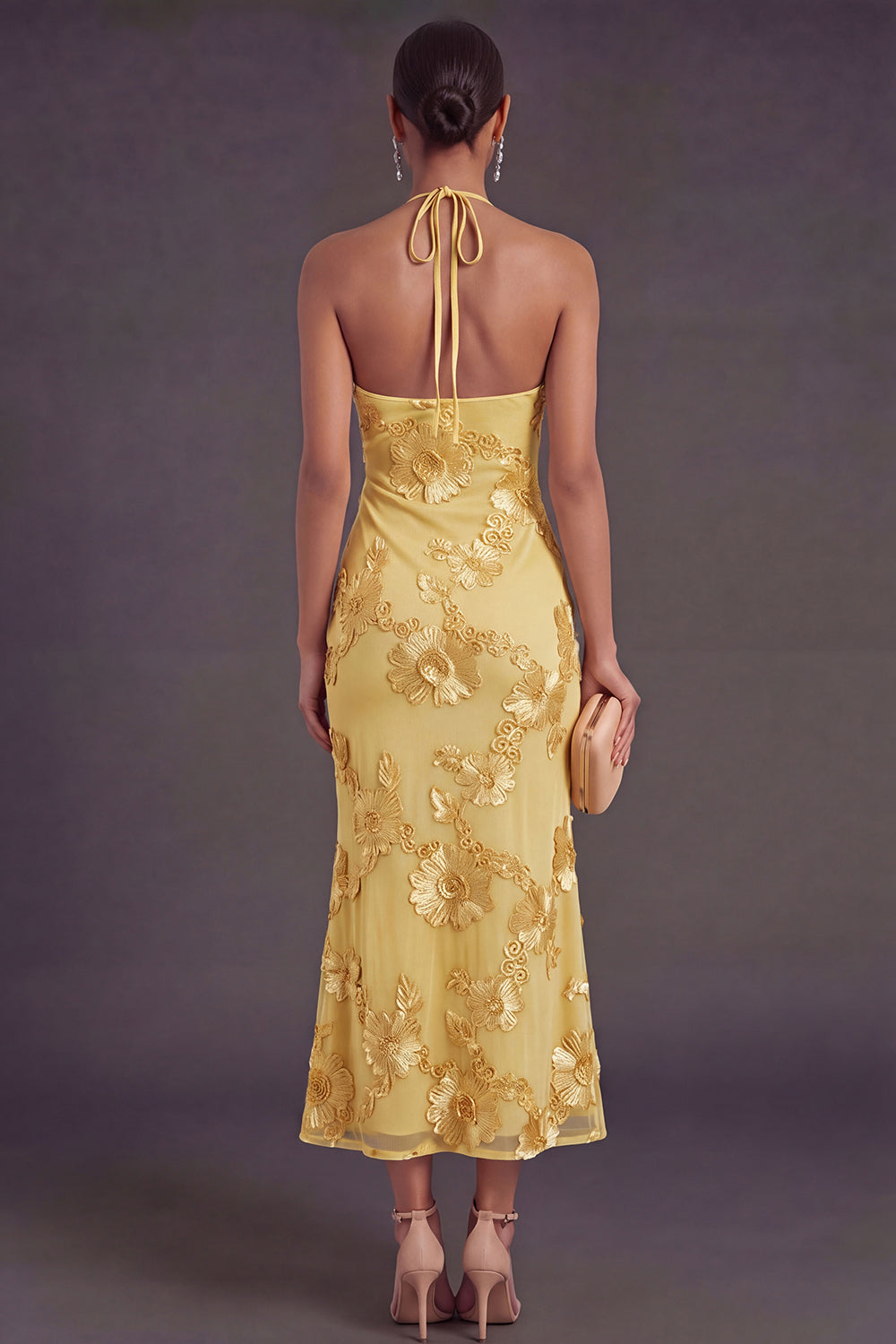 Appliqued Blue Floral Mermaid Midi Wedding Guest Dress