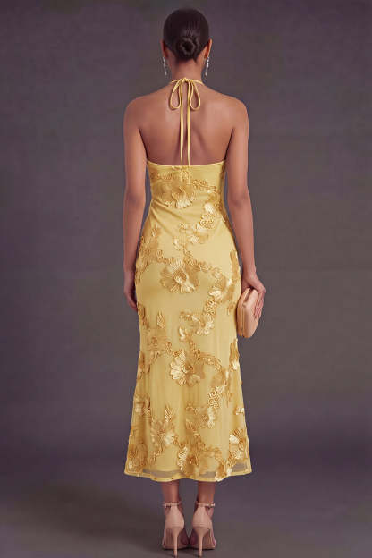 Appliqued Blue Floral Mermaid Midi Wedding Guest Dress