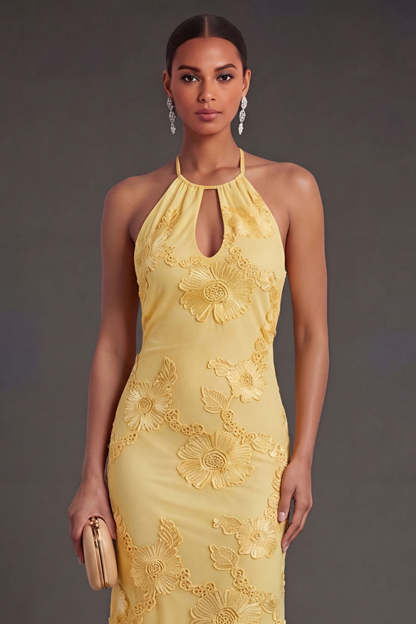 Appliqued Blue Floral Mermaid Midi Wedding Guest Dress
