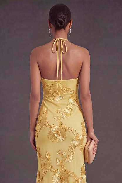 Appliqued Blue Floral Mermaid Midi Wedding Guest Dress