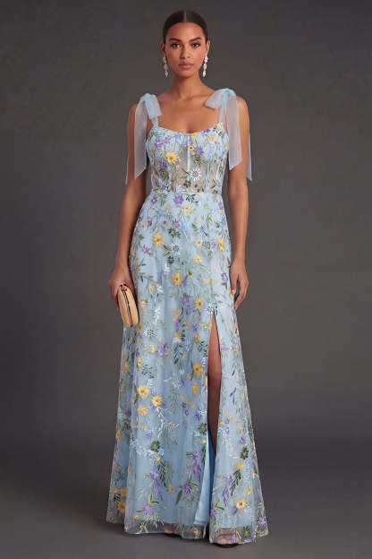 Leely Women Blue Floral A Line Corset Long Wedding Guest Dress with Slit Thick Straps Backless Garden Party Dress