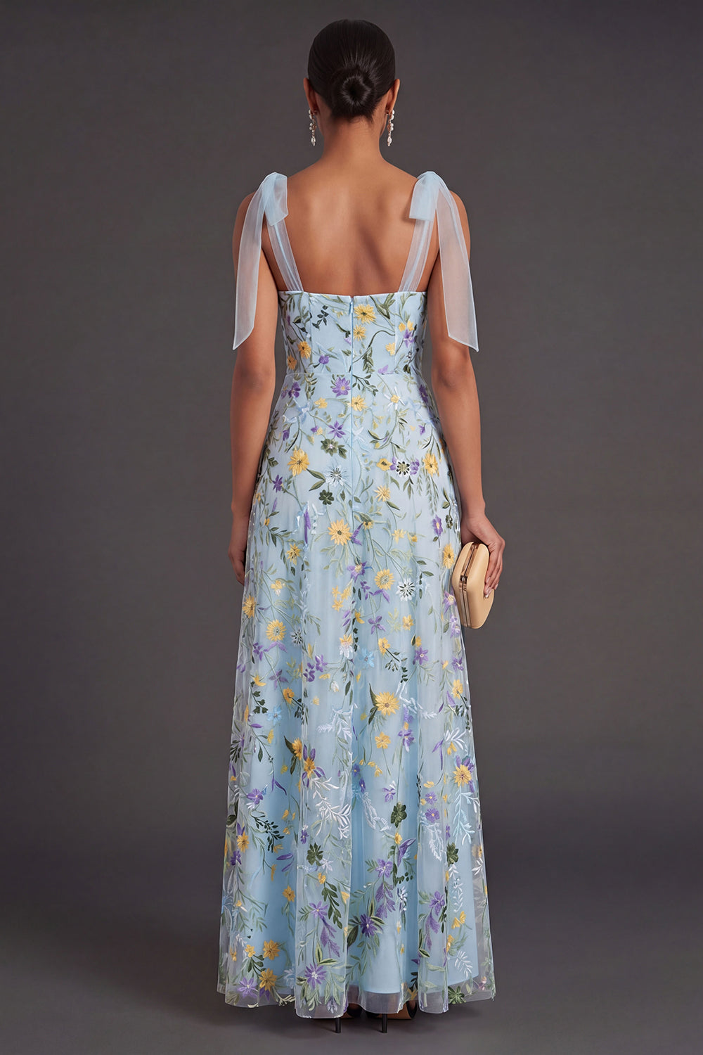 Blue Floral A Line Corset Long Wedding Guest Dress with Slit
