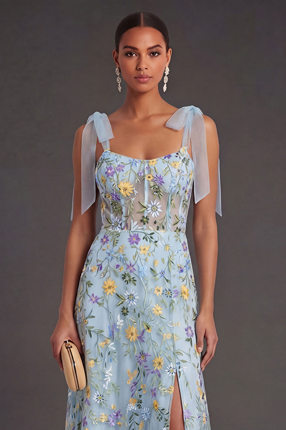 Blue Floral A Line Corset Long Wedding Guest Dress with Slit