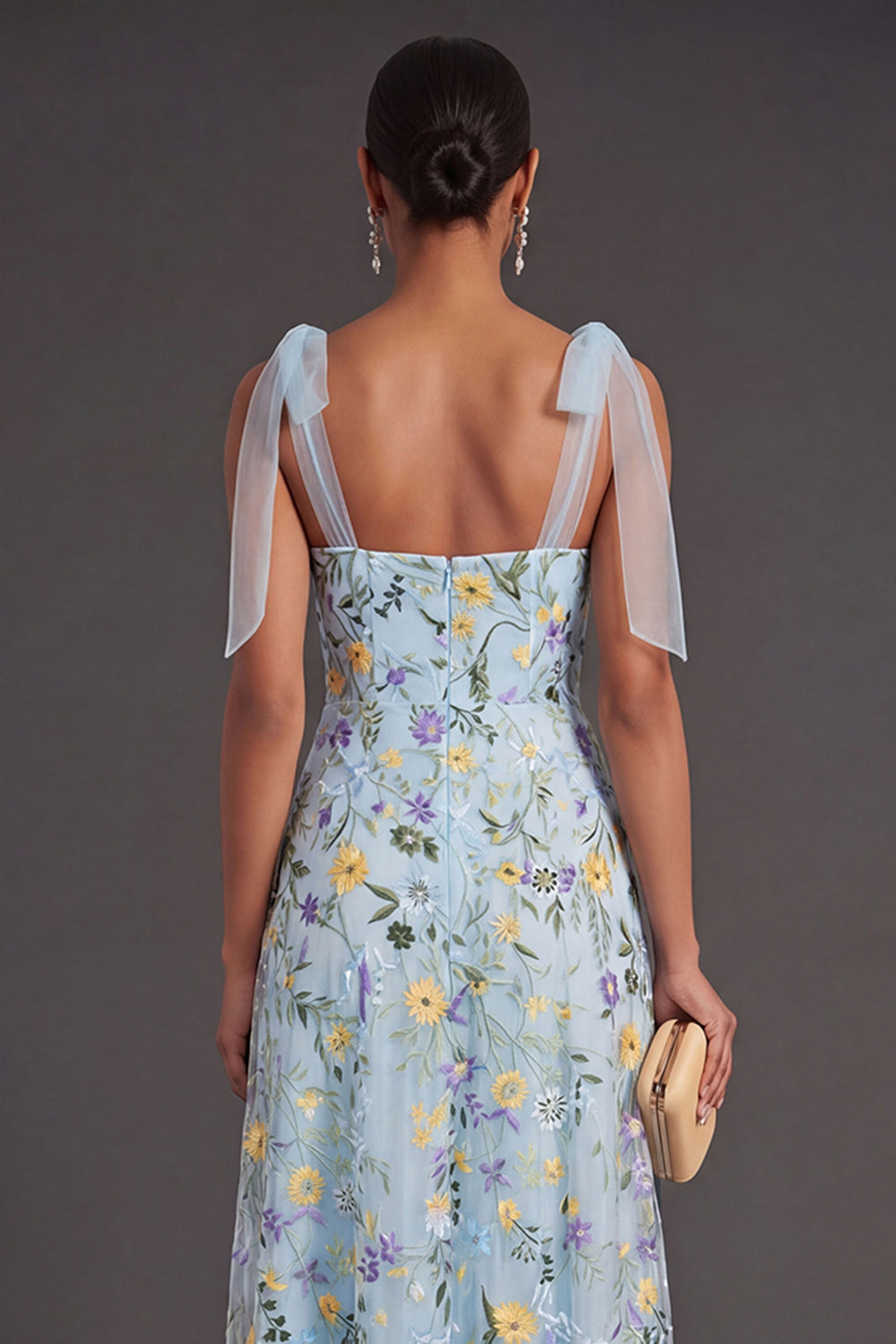 Blue Floral A Line Corset Long Wedding Guest Dress with Slit
