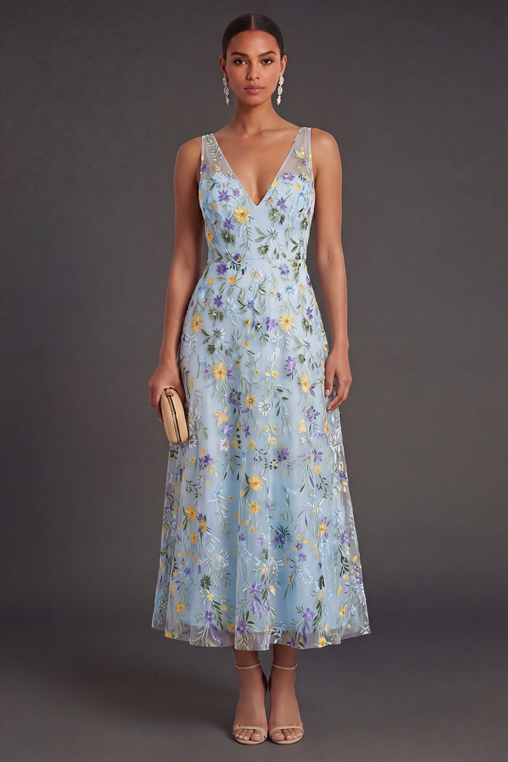 Blue Floral V Neck A Line Long Wedding Guest Dress