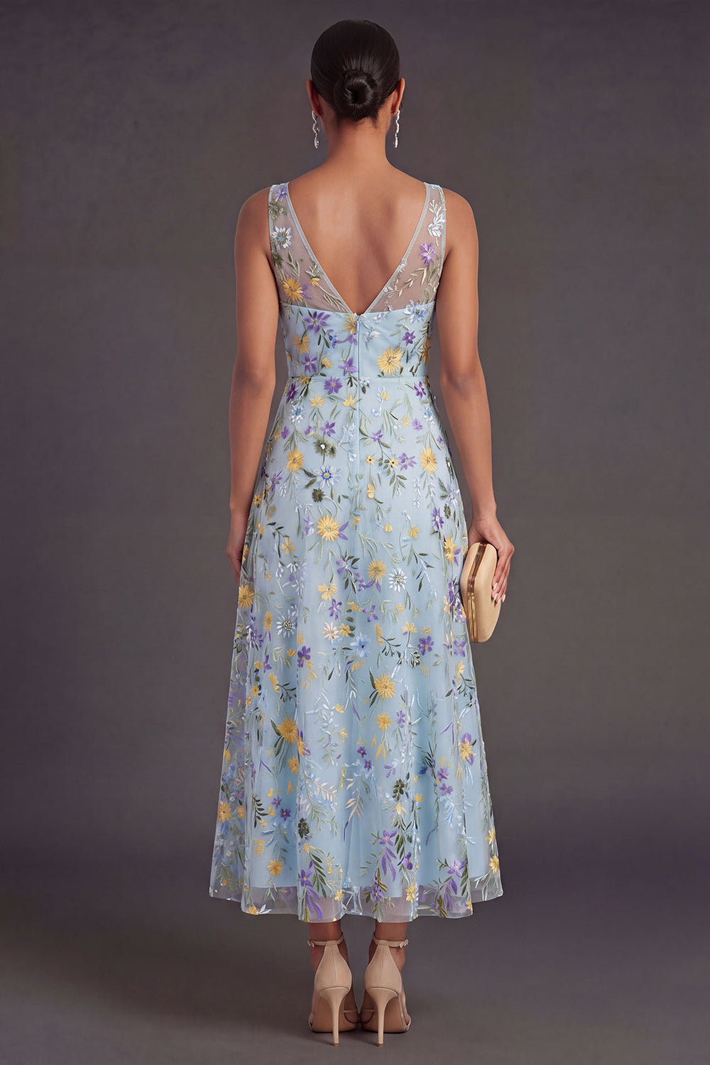 Blue Floral V Neck A Line Long Wedding Guest Dress