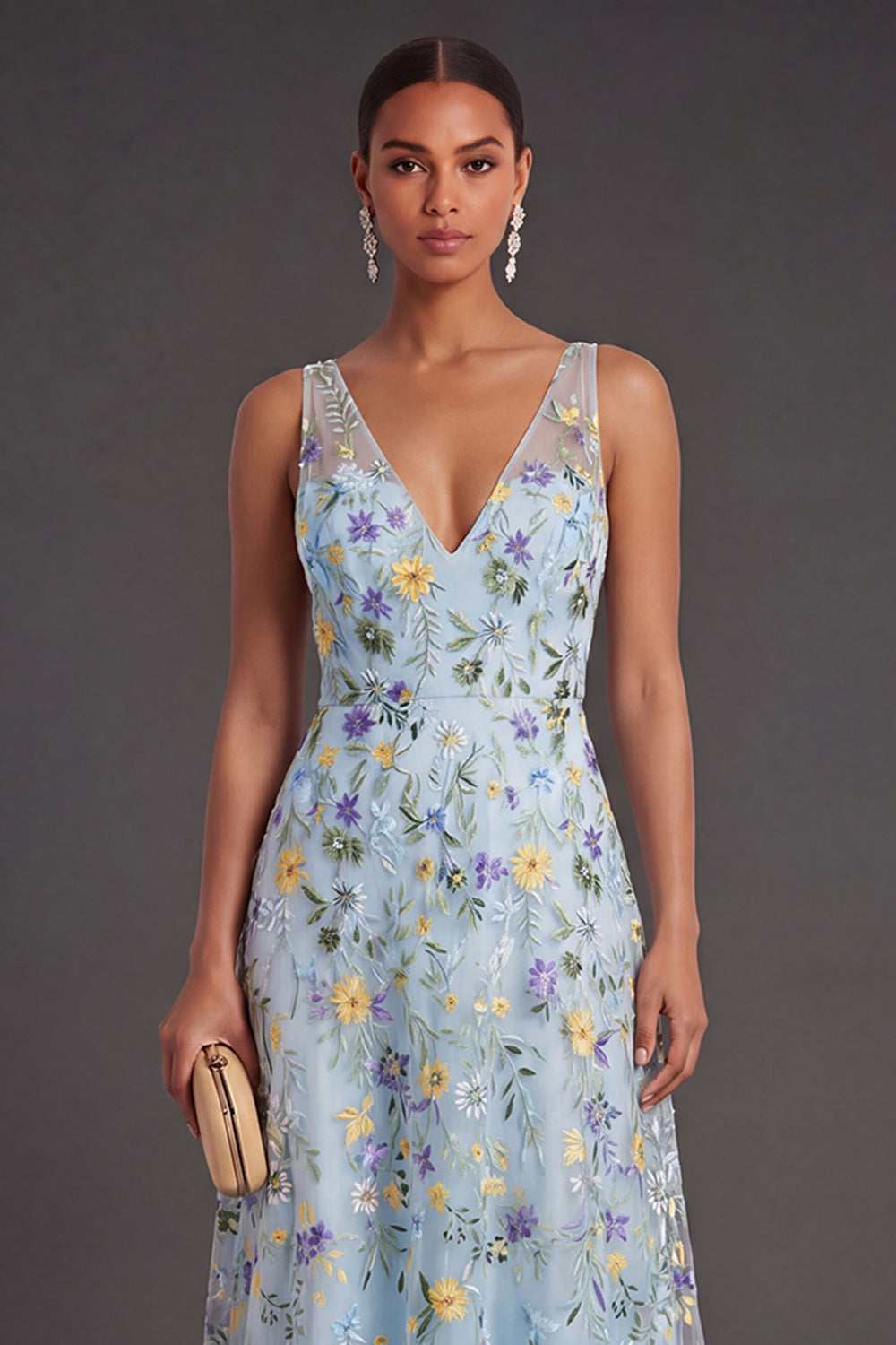 Blue Floral V Neck A Line Long Wedding Guest Dress