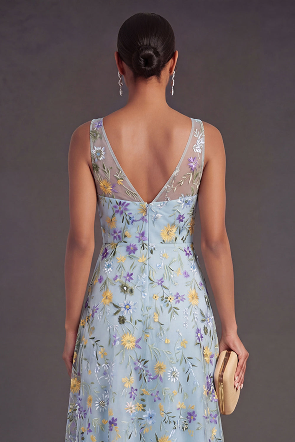 Blue Floral V Neck A Line Long Wedding Guest Dress