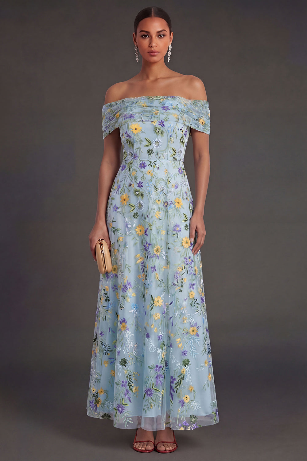 Leely Women Blue Floral Off the Shoulder A Line Long Wedding Guest Dress Backless Embroidered Garden Party Dress