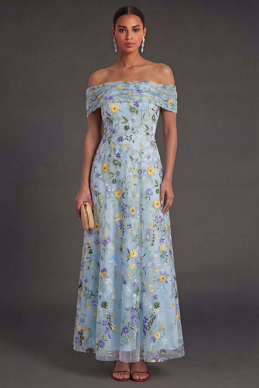 Leely Women Blue Floral Off the Shoulder A Line Long Wedding Guest Dress Backless Embroidered Garden Party Dress