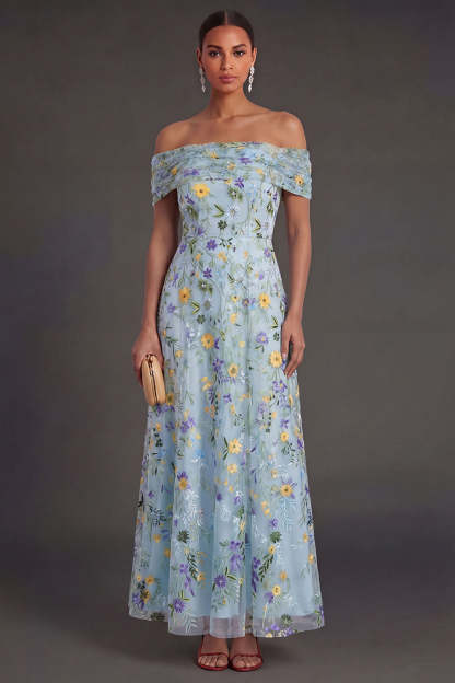 Leely Women Blue Floral Off the Shoulder A Line Long Wedding Guest Dress Backless Embroidered Garden Party Dress