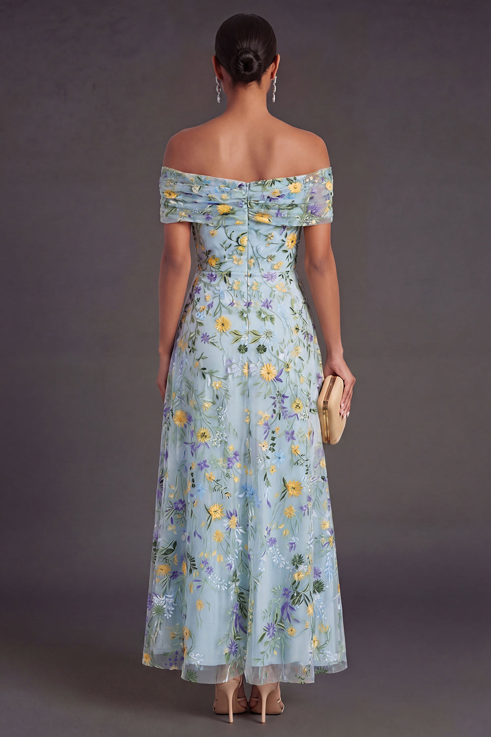 Blue Floral Off the Shoulder A Line Long Wedding Guest Dress