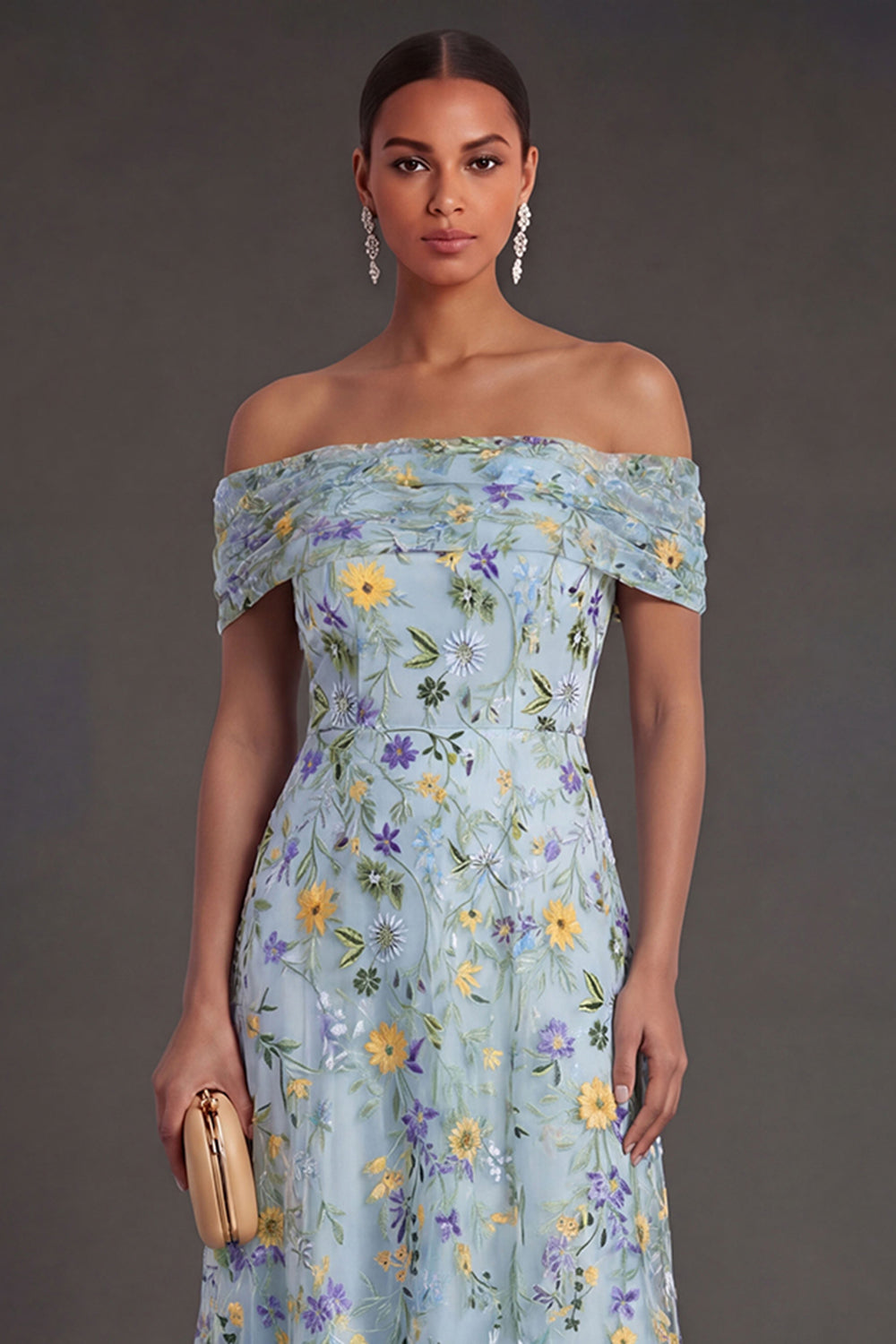 Blue Floral Off the Shoulder A Line Long Wedding Guest Dress