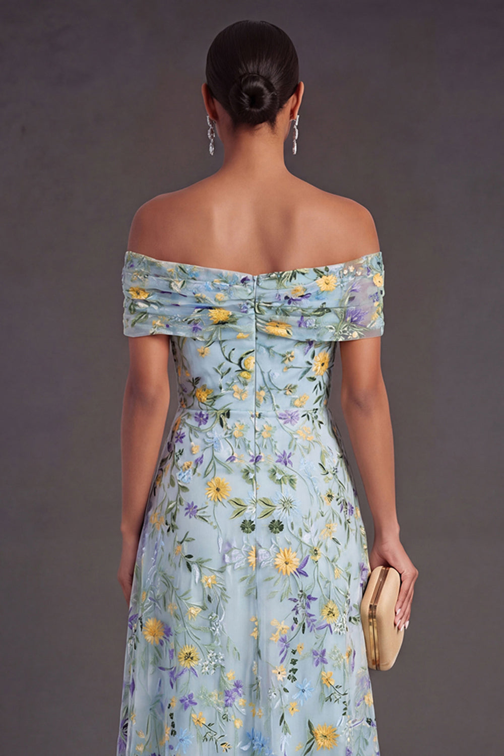 Blue Floral Off the Shoulder A Line Long Wedding Guest Dress