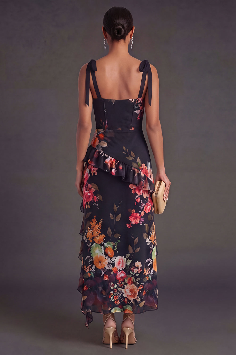 Black Floral A Line Corset Long Wedding Guest Dress with Slit
