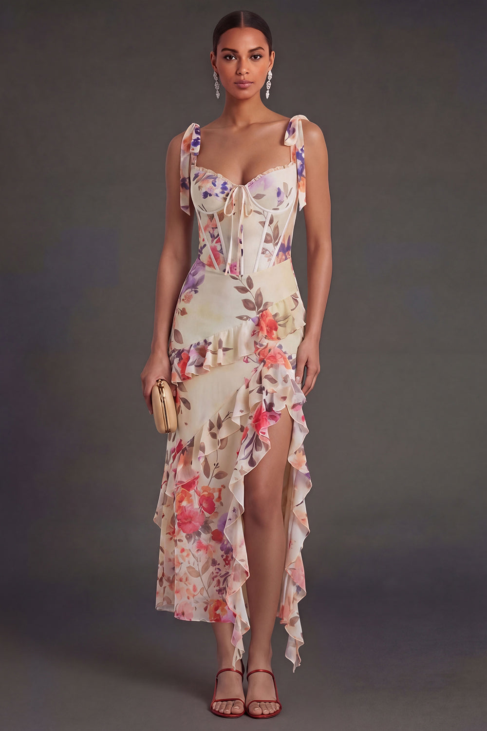 Black Floral A Line Corset Long Wedding Guest Dress with Slit