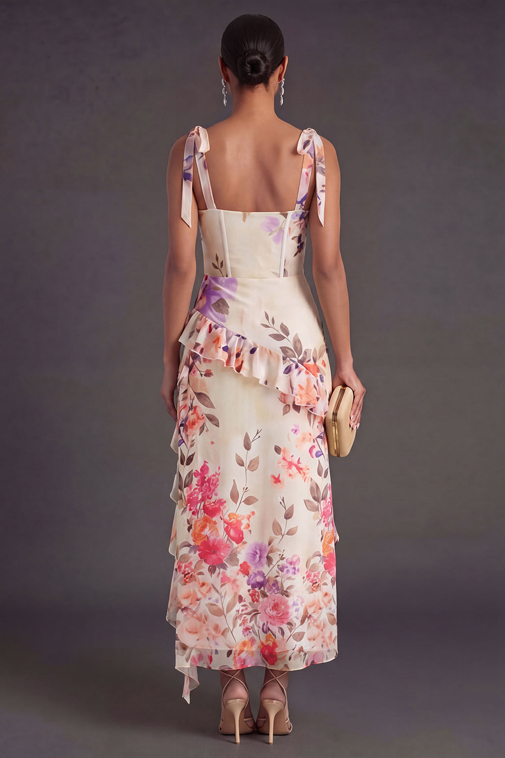 Black Floral A Line Corset Long Wedding Guest Dress with Slit