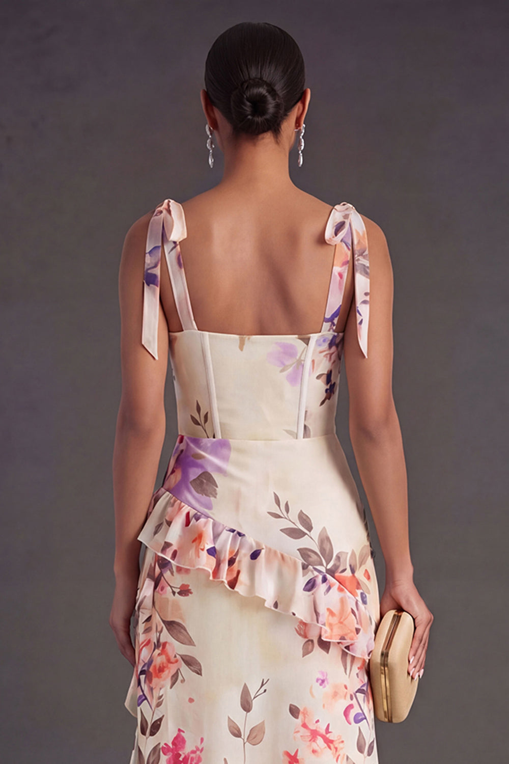 Black Floral A Line Corset Long Wedding Guest Dress with Slit