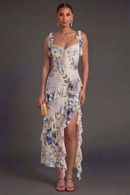 Black Floral A Line Corset Long Wedding Guest Dress with Slit