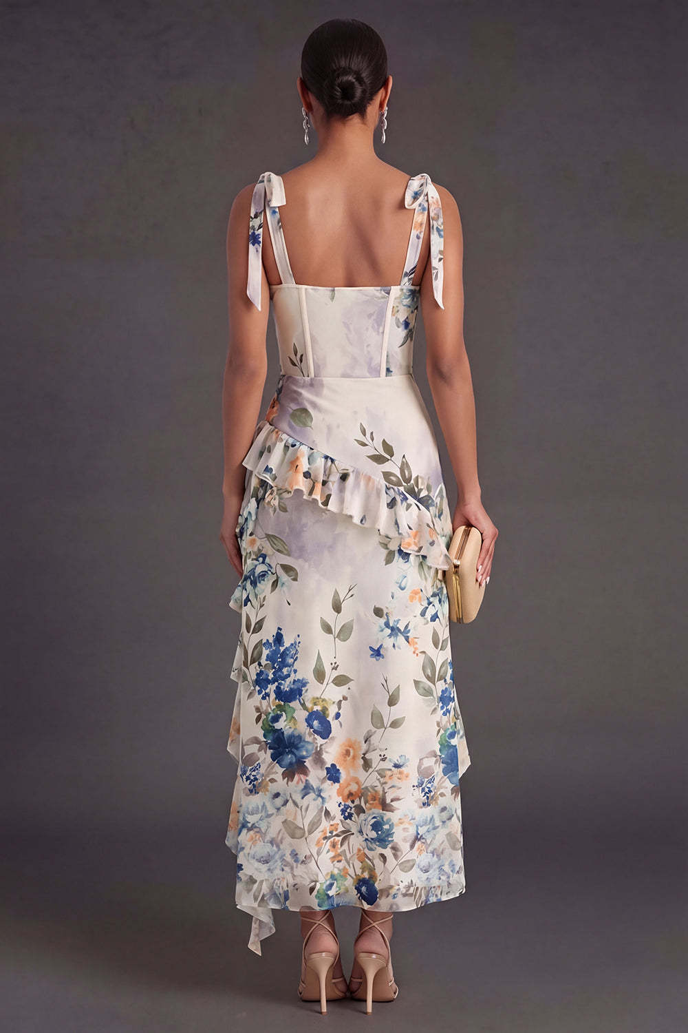 Black Floral A Line Corset Long Wedding Guest Dress with Slit