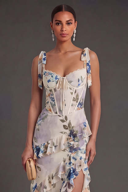 Black Floral A Line Corset Long Wedding Guest Dress with Slit