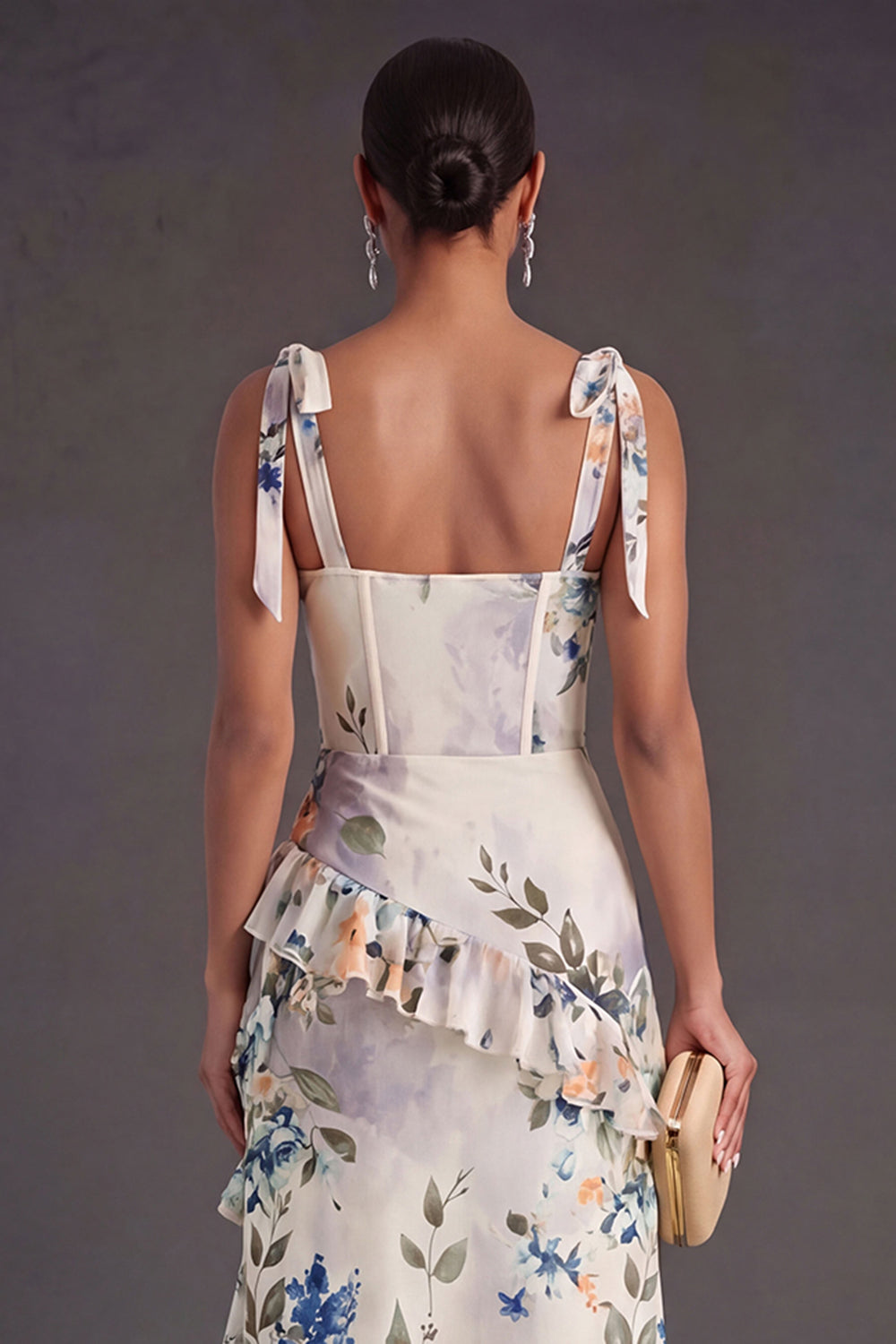 Black Floral A Line Corset Long Wedding Guest Dress with Slit