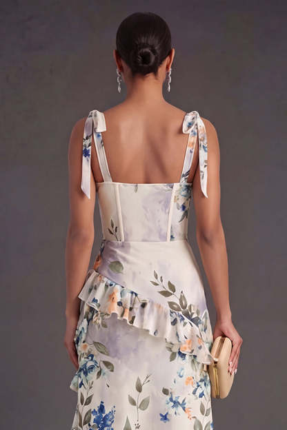 Black Floral A Line Corset Long Wedding Guest Dress with Slit