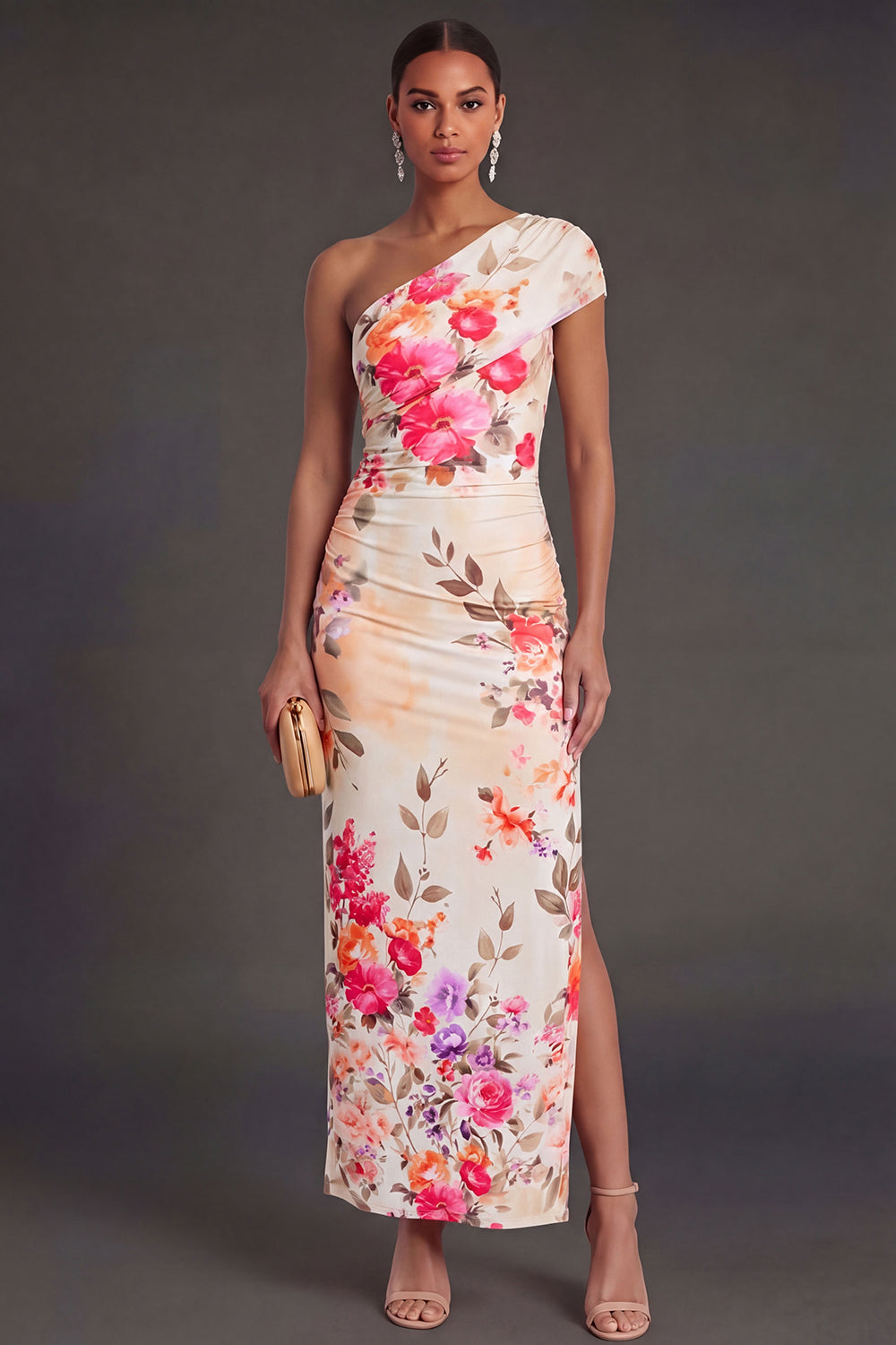 Champagne Sheath One Shoulder Ruched Long Wedding Guest Dress