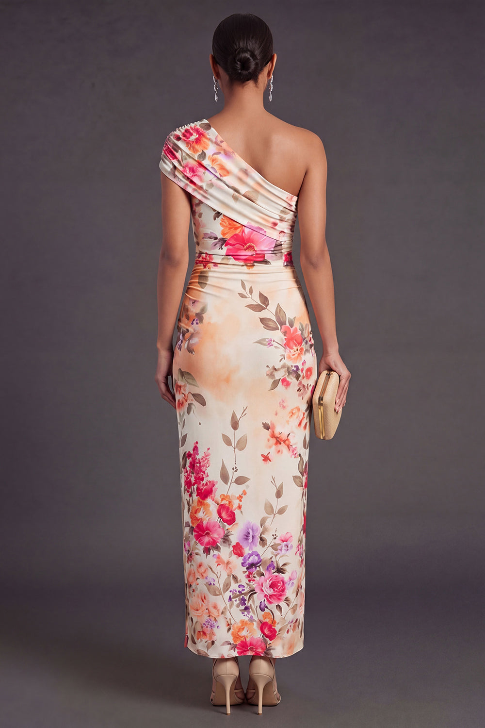 Champagne Sheath One Shoulder Ruched Long Wedding Guest Dress