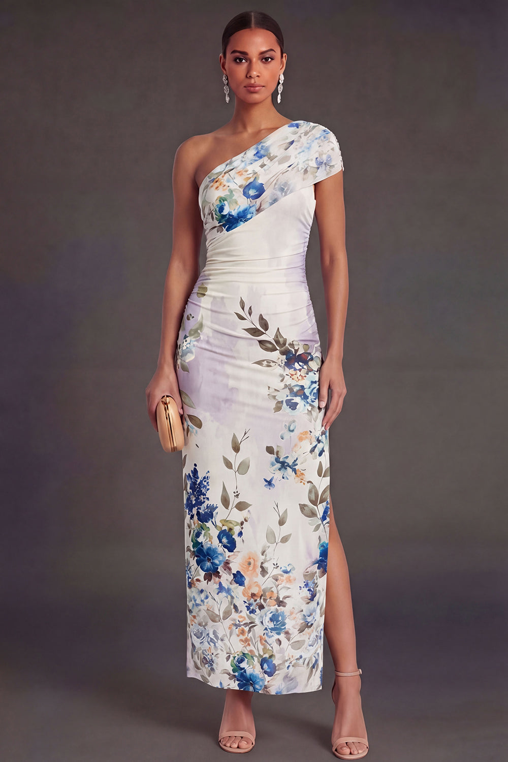 Champagne Sheath One Shoulder Ruched Long Wedding Guest Dress